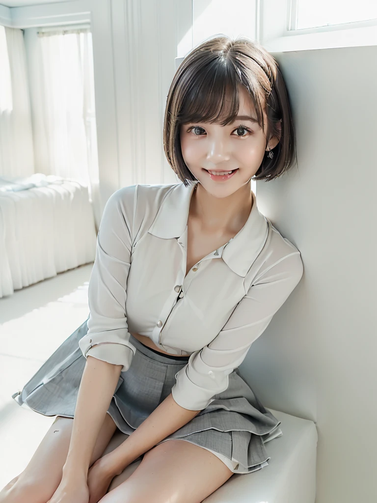(Highest quality、masterpiece:1.9)、((Neat and clean female college student、1 person))、Soft lighting by a professional photographer、Natural light、((Very spacious white luxurious room:1.6))、((Bright white room:1.6))、(Sitting on a very luxurious white bed:1.2)、(White Bookcase:1.1)、Natural soft light、((Black Hair:1.1))、Fair skin、Detailed Eyes、double eyelid、Slightly puffy cheeks、((Small Face:1.0))、((Check One Piece、Grey mini skirt、Please wear it with the chest open.:1.1))、(smile)、((Girly pose 1.8))、High resolution,、((Short Hair:1.2))、((Full Body Shot:1.2))、Live-action image quality、((Height: 150cm))、Hands in front、Hide your hands between your legs、(bangs:1.1)、