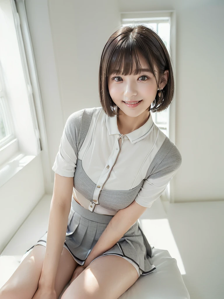 (Highest quality、masterpiece:1.9)、((Neat and clean female college student、1 person))、Soft lighting by a professional photographer、Natural light、((Very spacious white luxurious room:1.6))、((Bright white room:1.6))、(Sitting on a very luxurious white bed:1.2)、(White Bookcase:1.1)、Natural soft light、((Black Hair:1.1))、Fair skin、Detailed Eyes、double eyelid、Slightly puffy cheeks、((Small Face:1.0))、((Check One Piece、Grey mini skirt、Please wear it with the chest open.:1.1))、(smile)、((Girly pose 1.8))、High resolution,、((Short Hair:1.2))、((Full Body Shot:1.2))、Live-action image quality、((Height: 150cm))、Hands in front、Hide your hands between your legs、(bangs:1.1)、