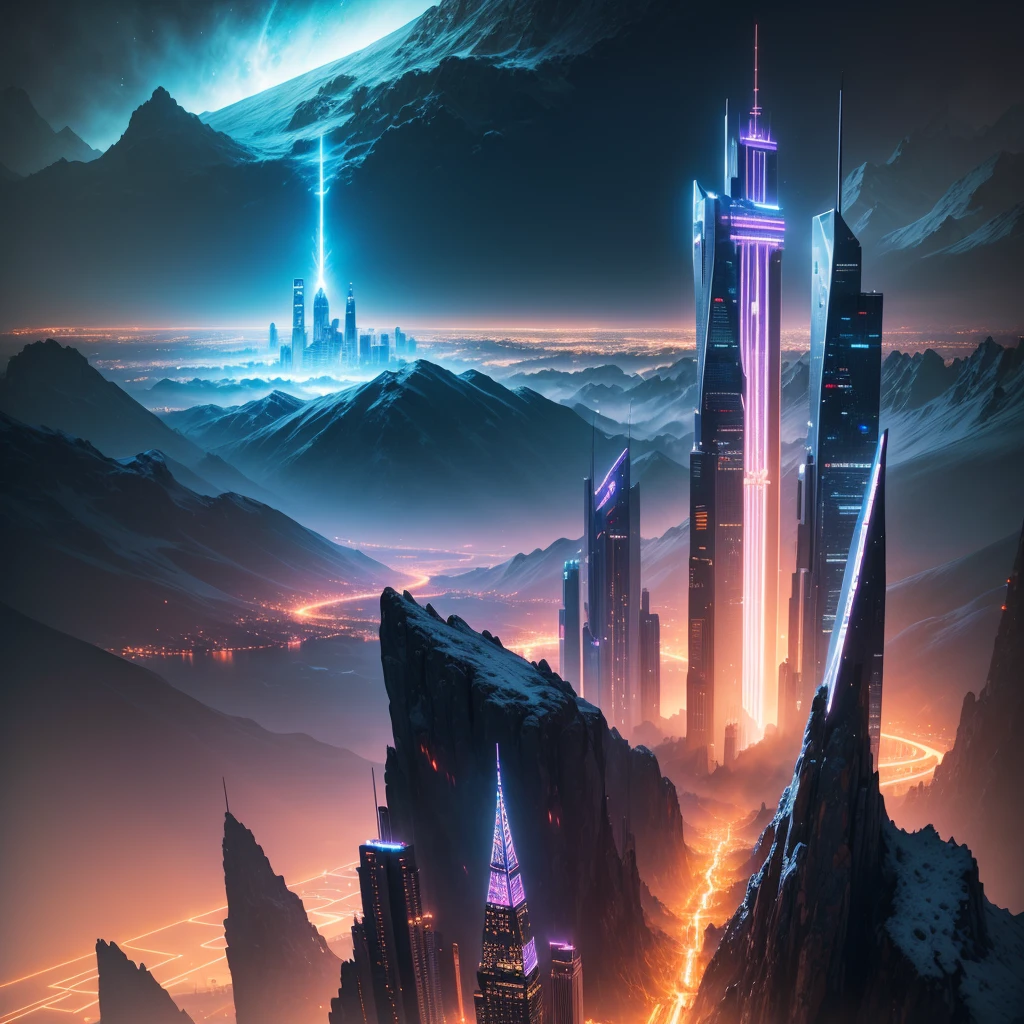 skyscrapers,SF,super huge mountain,cyber punk,Different world,best quality,8K, Highest quality ultra-high resolution Utopia, Huge Waterfall Nature,masterpiece
,A world beyond imagination,god々the world of,universe,Night view,neon,Future City,Technology City,