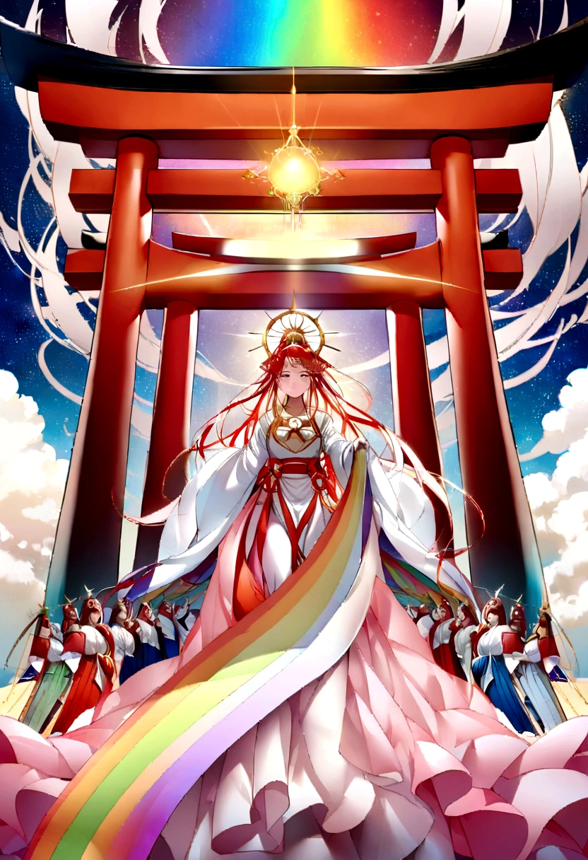 The Advent of Amaterasu、landscape、In the dazzling light、Descending from behind the torii gate、Real Image8k、Beautiful Faces、A figure emerging from a rainbow-colored ring