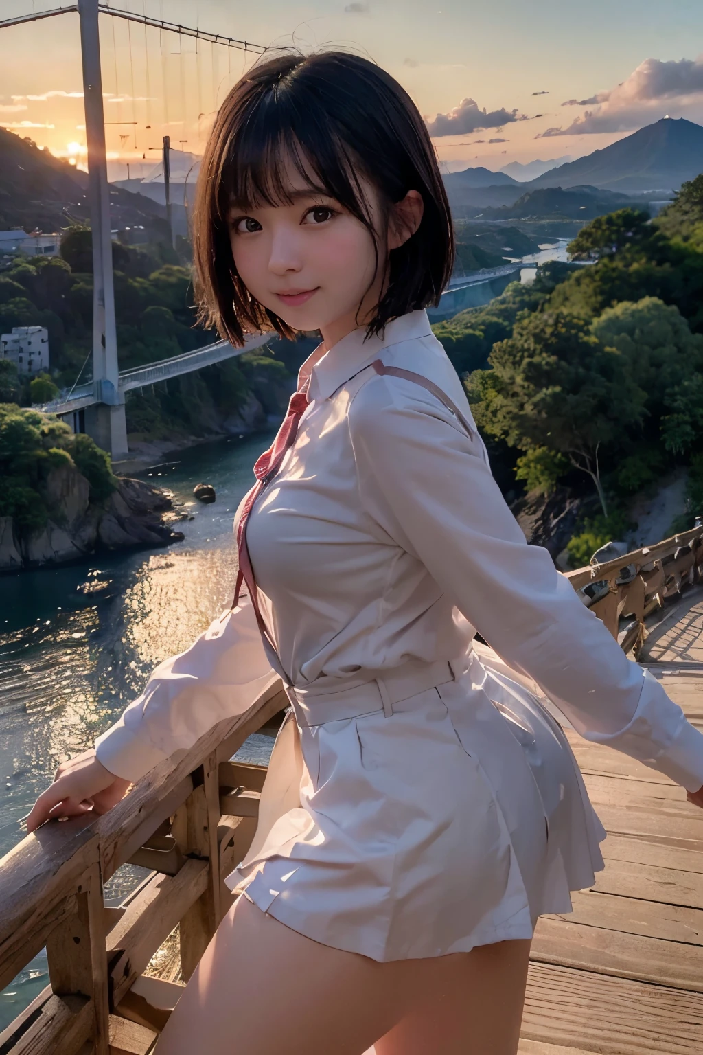 SFW, (Dynamic Angle), Looking Back Viewer, by a Telephoto Lens,
Short Bob Cut:1.5, Japanese, 20-year-old girl:1.5, Wide-Set Eyes:1.5, Very Wet Hair, Blush, Embarrassed, Very white skin, Open Mouse Slightly, Medium ASS, Small Breasts, Smiling, ((School Uniform:1.2)),
(8K, RAW Photo, Best Quality, Masterpiece:1.2), (Realistic, PhotoRealistic), (Extremely Detailed 8K Wallpaper), (Perfectly anatomically correct:1.5, Beautifully Detailed Eyes, Finely Detailed Face),
Sunset Glow:1.0, ((Port Town:1.2, Many Small Islands:1.2, Many White Steep Staircases in the Mountain:1.2, Temples existing Halfway in the Mountain:1.2, A Big Suspension Bridge which Connects Islands:1.2)), On Deck,
from Back:1.2, from Below:1.2, from Side:1.2, Full Body,
((Professional Lighting))