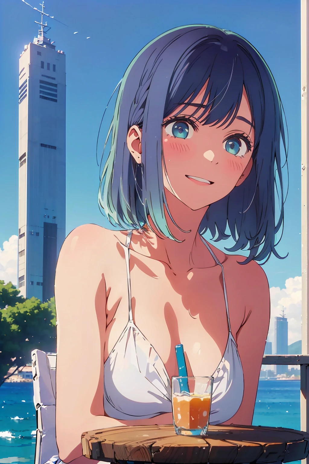Highest quality,8k,detailed,F cup bust、Big Breasts、Slim and beautiful arms、Slim body、Very white beautiful skin、((((1 person、smile、Thin white bikini、smile、sit、In the background are the urban buildings of Tokyo、Outdoor café terrace、Drink juice、Cheek resting on hand、coastal、table、looking at the camera、Very cute face、Looking up、Shooting from a distance、Navy hair color))))、Sexy pose、Very blue sky、A completely cloudless sky、She tilted her head slightly、The atmosphere is bright and lively、The woman is at the center of the image。