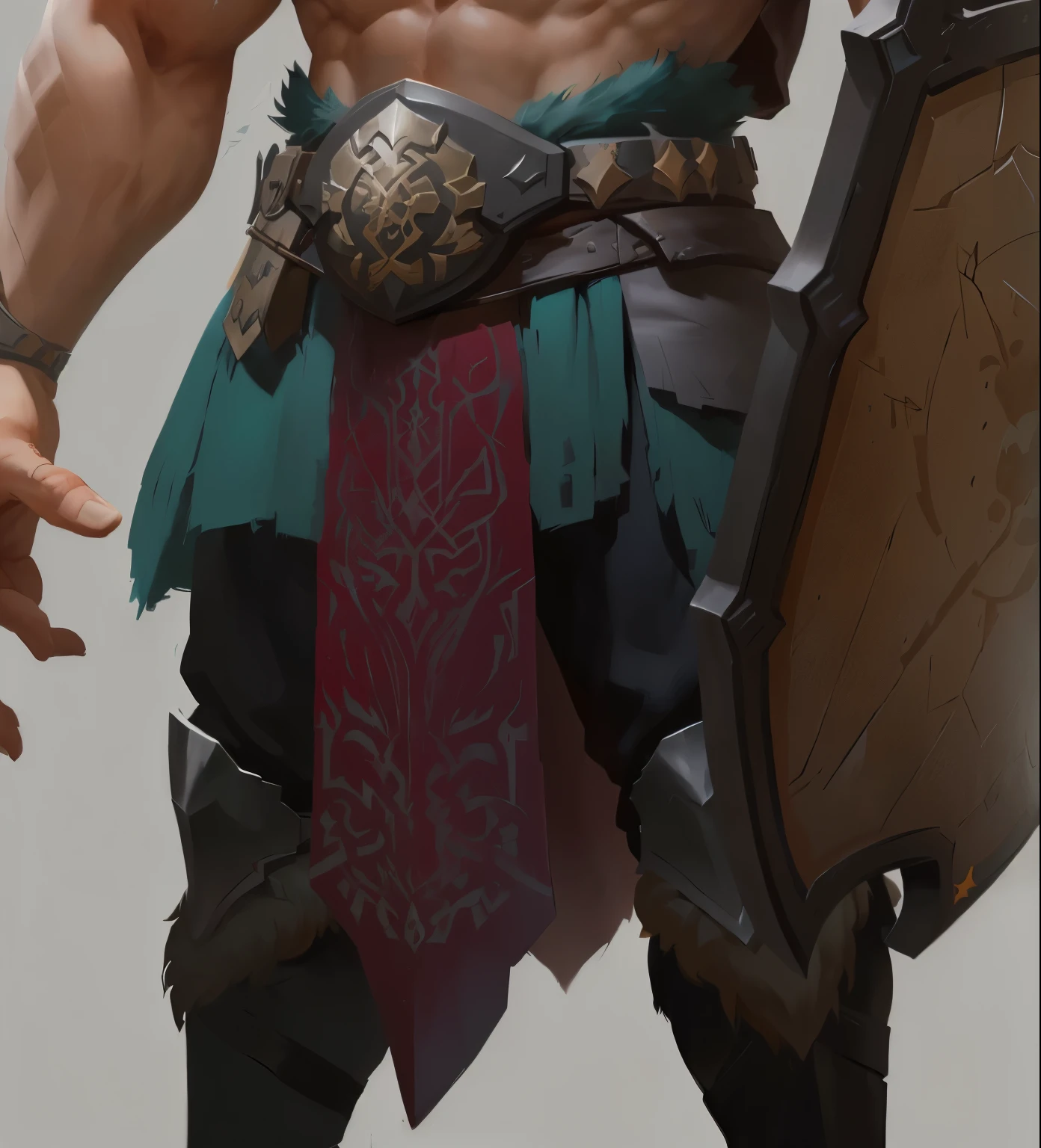 There was a man with a sword and a shield in his hand, hand painted textures on model, Barbarian, Concept art of the warrior, Detailed full body concept, Dota 2 concept art, 以Game concept art形式进行绘制, Detailed full body concept art, artstation concept, Detailed concept art, Character Art Close-up, Super detailed fantasy characters, Game concept art