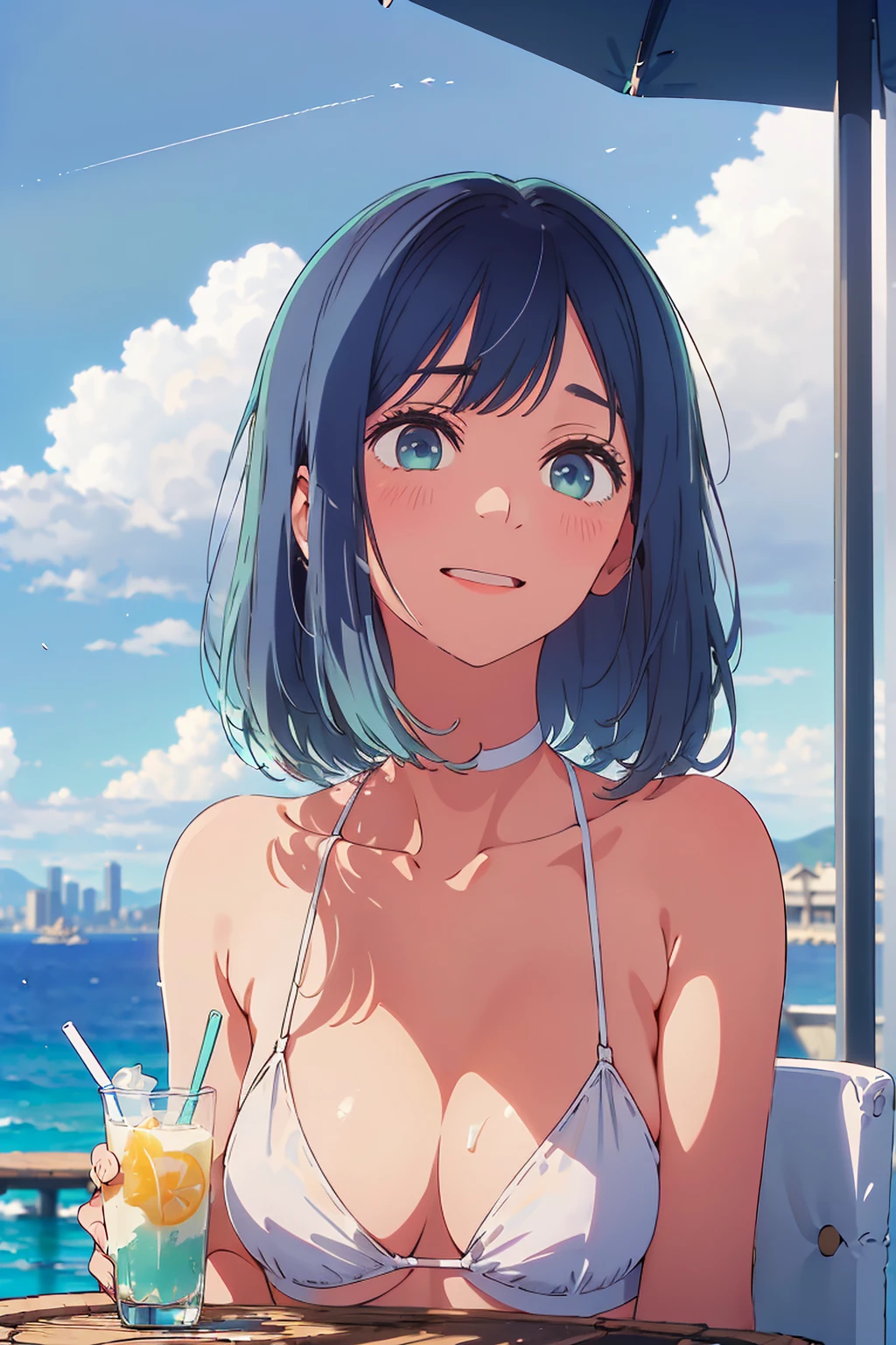 Highest quality,8k,detailed,F cup bust、Big Breasts、Slim and beautiful arms、Slim body、Very white beautiful skin、((((1 person、smile、Thin white bikini、smile、sit、In the background are the urban buildings of Tokyo、Outdoor café terrace、Drink juice、Cheek resting on hand、coastal、table、looking at the camera、Very cute face、Looking up、Shooting from a distance、Navy hair color))))、Sexy pose、Very blue sky、A completely cloudless sky、She tilted her head slightly、The atmosphere is bright and lively、The woman is at the center of the image。