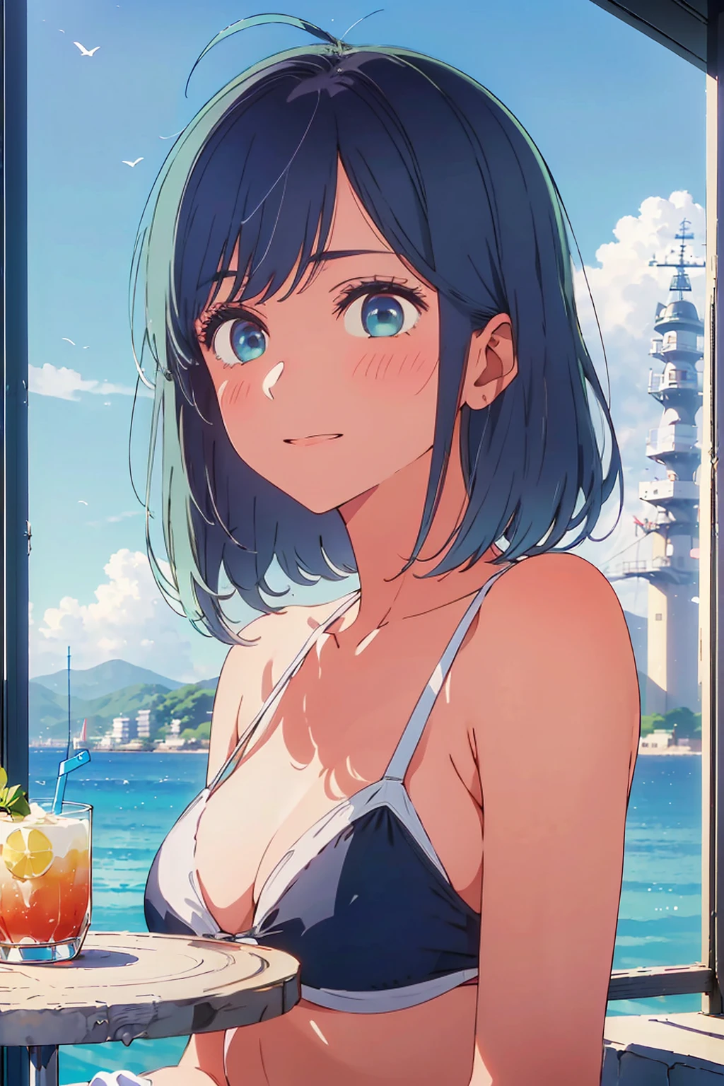 Highest quality,8k,detailed,F cup bust、Big Breasts、Slim and beautiful arms、Slim body、Very white beautiful skin、((((1 person、smile、Thin white bikini、smile、sit、In the background are the urban buildings of Tokyo、Outdoor café terrace、Drink juice、Cheek resting on hand、coastal、table、looking at the camera、Very cute face、Looking up、Shooting from a distance、Navy hair color))))、Sexy pose、Very blue sky、A completely cloudless sky、She tilted her head slightly、The atmosphere is bright and lively、The woman is at the center of the image。
