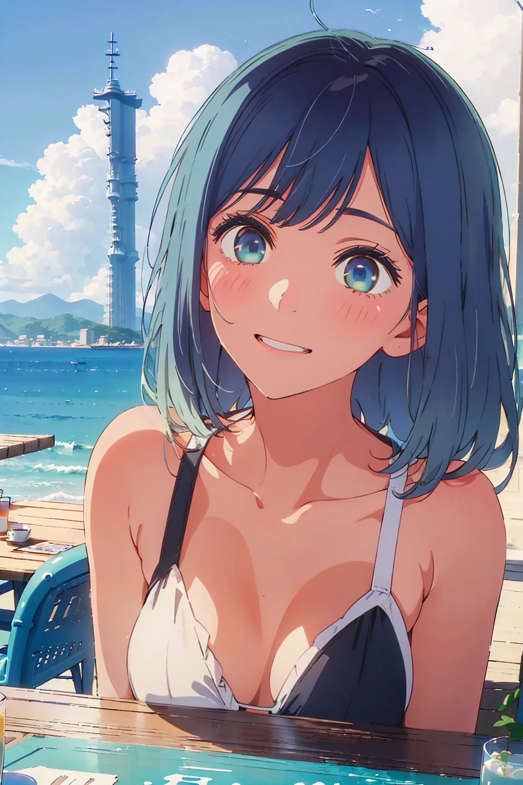 Highest quality,8k,detailed,F cup bust、Big Breasts、Slim and beautiful arms、Slim body、Very white beautiful skin、((((1 person、smile、Thin white bikini、smile、sit、In the background are the urban buildings of Tokyo、Outdoor café terrace、Drink juice、Cheek resting on hand、coastal、table、looking at the camera、Very cute face、Looking up、Shooting from a distance、Navy hair color))))、Sexy pose、Very blue sky、A completely cloudless sky、She tilted her head slightly、The atmosphere is bright and lively、The woman is at the center of the image。