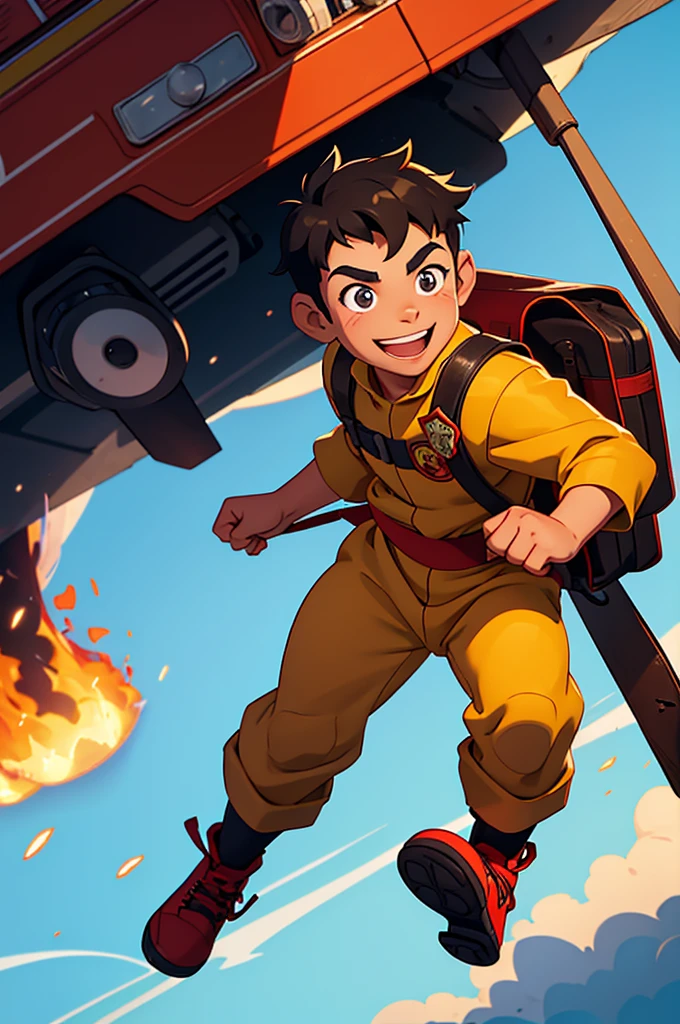 An animated image of a 7 year old boy named Alex wearing a firefighter costume with a smiling face who is ready to rescue a dog from a fire
