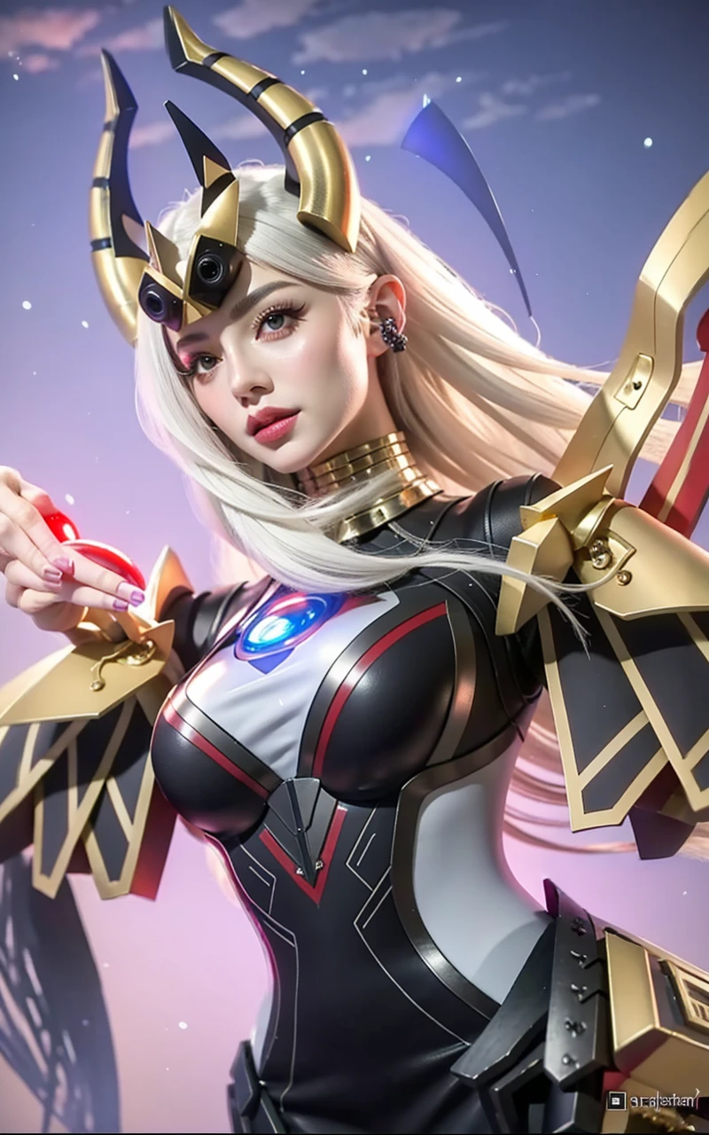 Portrait of a beautiful girl with wavy white hair, wearing a formal black dress with metal parts, red eyes, monograms in the background, digital painting, dark colors, 8k, complex details, vintage, retro futuristic style, sharp focus on the center, pastel colors, art station, (sci-fi, future, future theme), (facial expression looking with disdain), (detailed illustration)