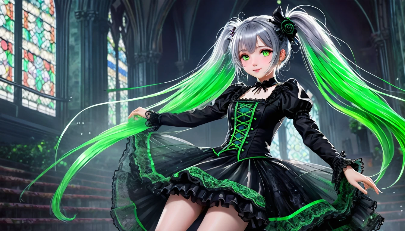 (One girl),Gothic,Twin tails,Gray Hair, Organza Lace,Gorgeous and elaborate clothes,Gothic, flight, green, (colorful), Bold, Gradient Blend, Motion Blur, Sparkling Texture, Dynamic configuration, Atmospheric perspective, Impressionist, , (masterpiece), (Highest quality), wonderful, (Beautiful attention to detail), (In detail), Depth of written boundary, Highly detailed CG, original, Highly detailed wallpaper, (Vibrant colors), Cinema Lighting, (colorful), blush,
