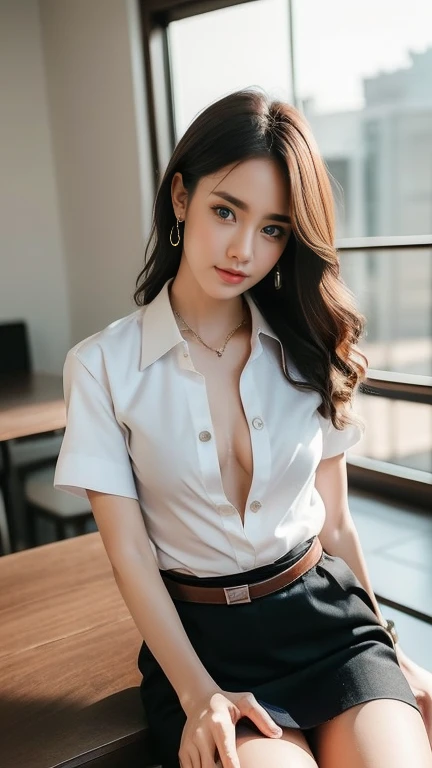 (High resolution 8k masterpiece, only the best quality. complicated details Chromatic aberration) realistic ((small breasts)) I sprinkled it on one eye. Very large round silver earrings worn on the ears... Diamond chokers, medium-sized red gemstone necklaces, silver-sized necklaces, bracelets, assorted bracelets, leather strap watches, anklets, waist necklaces, stilettos, sharp eyes, necklaces. (Symmetrical eyes) (The body is perfectly symmetrical.) (Photo of a beautiful 19 year old age girl...) Beautiful and charming with contemporary fashion paintings as well...look at the audience, ((Sitting with legs spread on the table, Hanging legs naturally , Behind the large glass room..)), ((black short skirt)),((((blue jacket, ((white short sleeve shirt), ( Open shirt to show small breasts,Soft chest), no bra)) , (openly),)), (Medium soft chest)), (Long rectangular leather belt buckle), Put your hands down., (Light golden brown bob hair, big curls, (There is some hair covering the face....)), sharp eyeliner, dark eyes, eyelid, Blush with thick eyelashes, Curly eyelashes are very delicate. and focus beautifully, sharply, elegantly. ( Spread your legs on the table and sit with your legs dangling. ) (open legs ดูชุดชั้นใน..) (open legs, Split left leg up. (naturally released) It is an interesting example, keeping the legs at natural eye level...., separated, (university set), Close-up starting at knee level