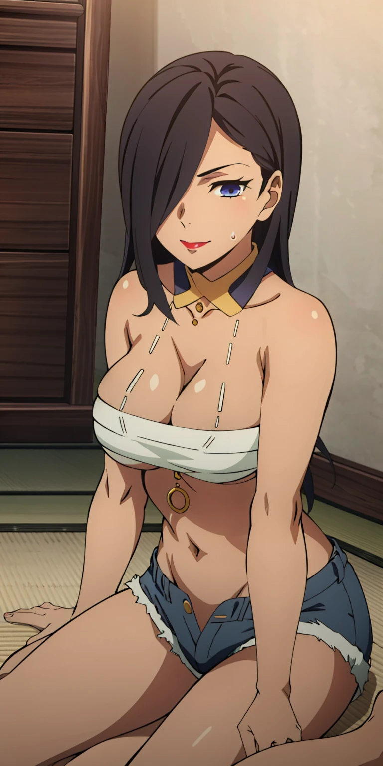 tall body, tall, long legs, mature female, mature, adult, eft_danmachi_tan, 1girl, long hair, breasts, dark skin, navel, lipstick, black hair, makeup, dark-skinned female, hair over one eye, day, solo, midriff, huge breasts, very long hair, High quality, High resolution, Fine details), solo, curvy women, sparkling eyes, (Detailed eyes), Oily skin, shallow depth of field, denim shorts, micro shorts, open fly, waist lines, lowleg shorts, lowleg, ((sitting sideways on tatami)),((Solo)), trending on artstationh,intricate face details, vibrant, 4K, 12k resolution, masterpiece, best quality, highly detailed, (high quality:1.2),ultra-detailed,beautiful detailed eyes,beautiful detailed lips,extremely detailed eyes and face,gorgeous and attractive girl,natural beauty,seductive gaze,feminine figure,curvaceous body,alluring expression,evening shadows,glowing skin,vibrant colors,soft lighting,vintage photography style,subtle and sophisticated atmosphere, horny, blush, steam, sweat, oily skin, lustful, horny, extremely horny, seductive, lips, looking at viewer, smile, solo, sweat, japanese room, solo, micro bikini, bikini, breasts, cleavage, belly, short top, bare shoulders, 