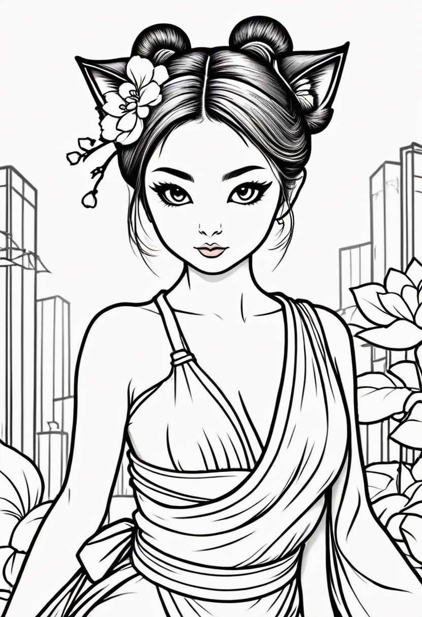 arte em linha, outline only, comic style, female ballerina geisha cat siamese cat, female ballerina geisha cat siamese cat with kimono, coloring book page, black and white only, no colors, no shadows, chibi style, without background, cute cat, cartoon, kids coloring book, tokio style, Siamese cat cute ballerina geisha