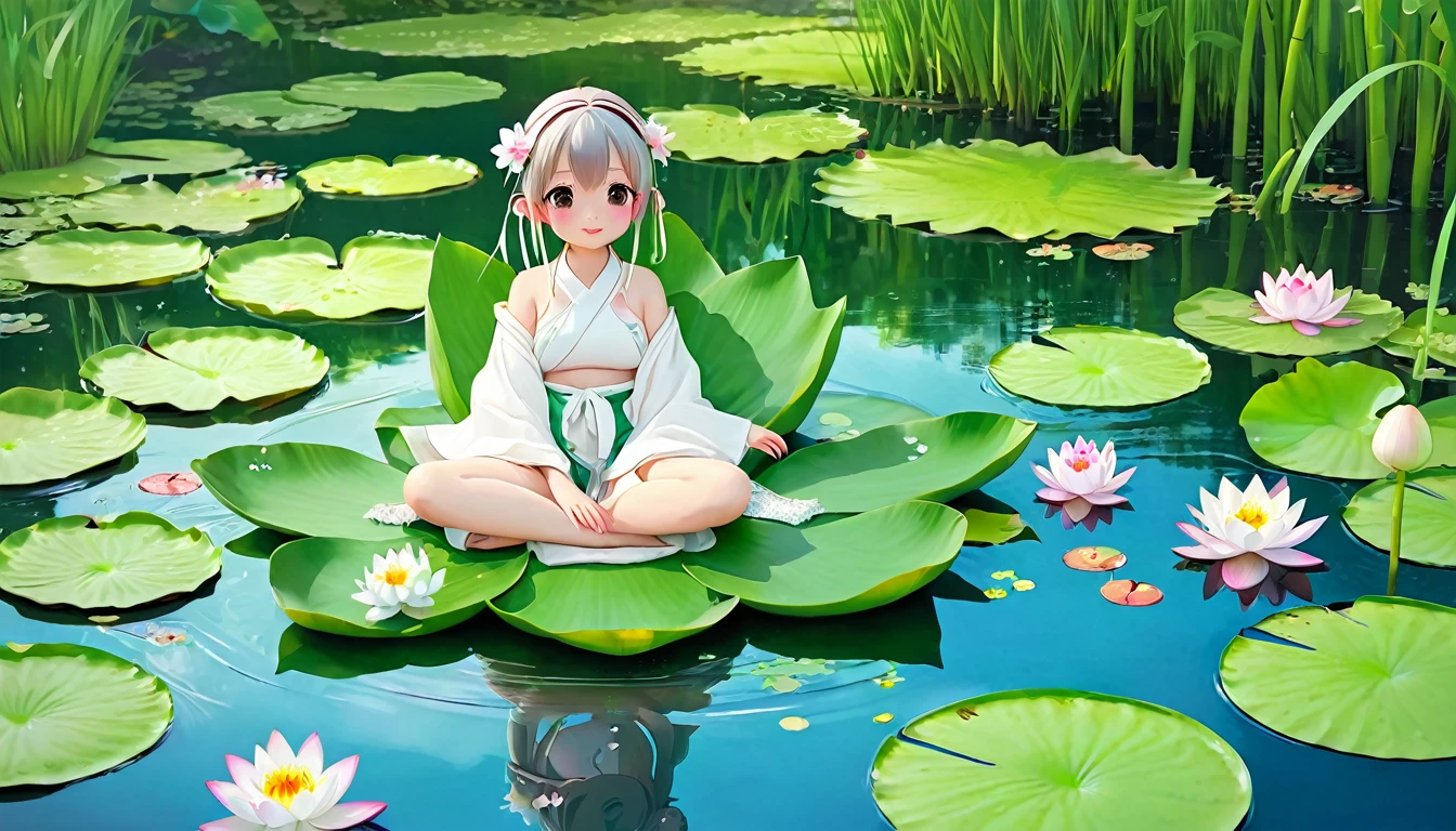 Pods full of lotus flowers, Little girl sitting on a pod lotus leaf, Huge lotus leaf, Smile,Barefoot, Dressed in white and green Hanfu, Light and shadow, A masterpiece，1girl air bubble pool pink flower tile floor holding flower