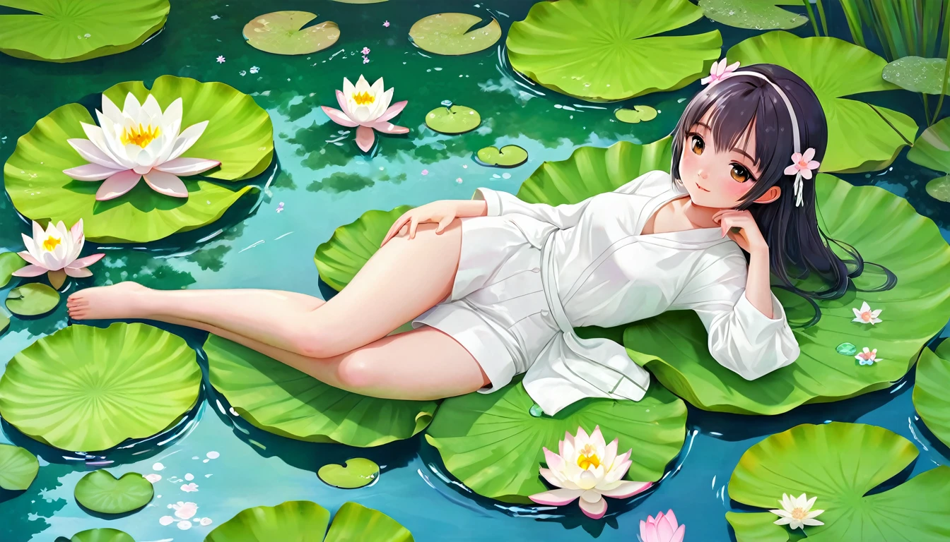 There is a girl sitting on a leaf, (White clothes), Fresh color scheme, There are stuffed toys, Gubes-style artwork, Popular with CGstation, An illustration:Li Song, Soft Anime, Lying on a water lily mat, Sitting on a lotus flower, Cute and detailed digital art, Cute art style, In the pond, Yang Jay, Cute digital art, Gwitz, Sit by the pond