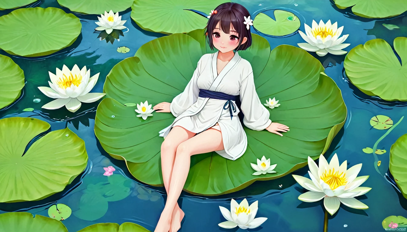 There is a girl sitting on a leaf, (White clothes), Fresh color scheme, There are stuffed toys, Gubes-style artwork, Popular with CGstation, An illustration：Li Song, Soft Anime, Lying on a water lily mat, Sitting on a lotus flower, Cute and detailed digital art, Cute art style, In the pond, Yang Jay, Cute digital art, Gwitz, Sit by the pond