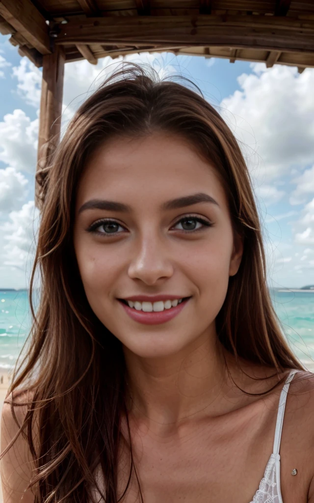 (best quality,4k,8k,highres,masterpiece:1.2),ultra-detailed,(realistic,photorealistic,photo-realistic:1.37),pretty woman, pink bikini, selfie, sunny day, smiling, beautiful detailed eyes, beautiful detailed lips, extremely detailed eyes and face, long eyelashes, beach, ocean, palm trees, golden hour lighting, warm colors, vibrant