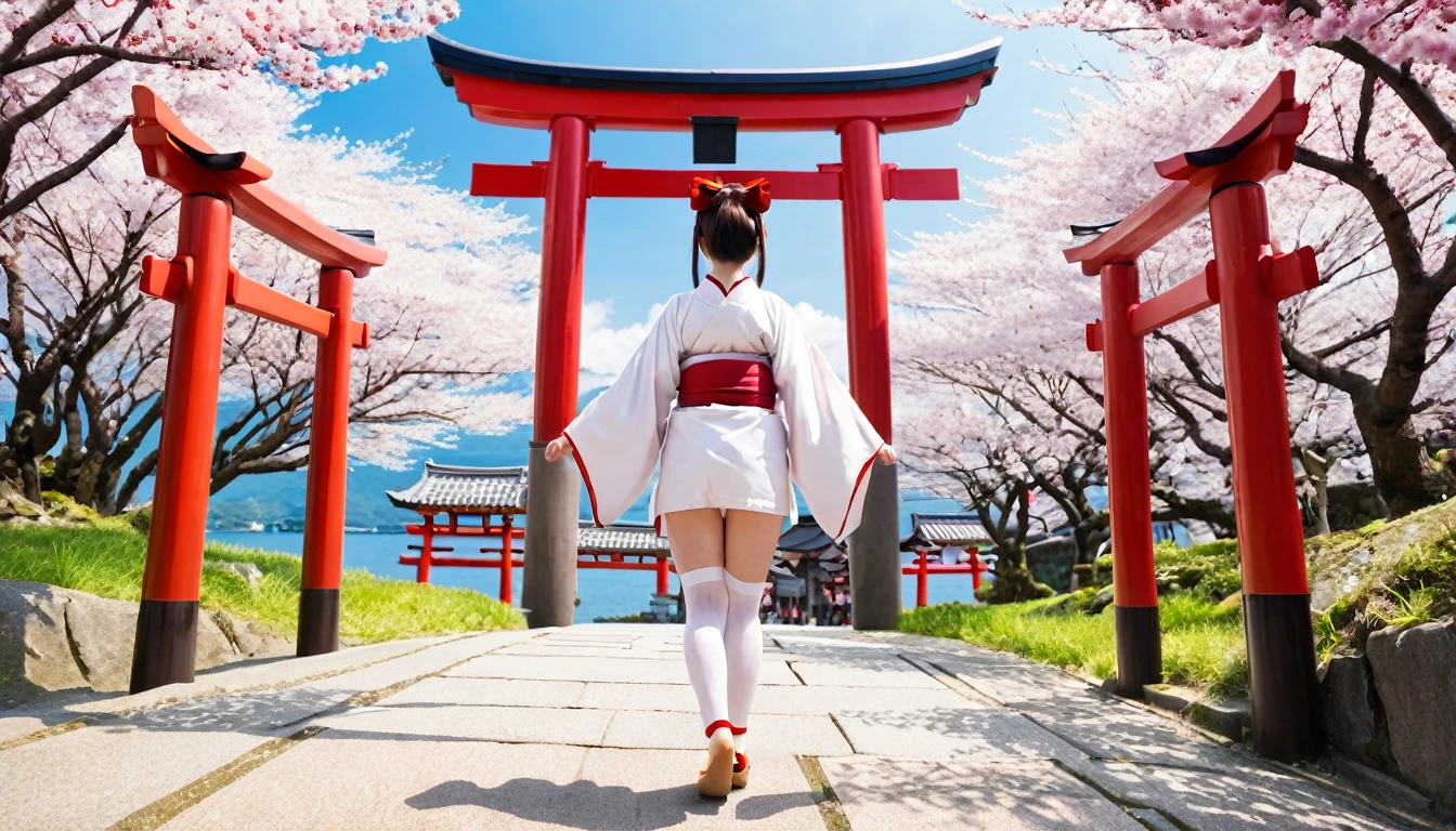 ((masterpiece,Highest quality)),Outdoor, Red Torii Gate, wood,  stage,, Two Girls, Shrine maiden,Shrine maiden, View your viewers, Recall,, Red legwear, red ribbon, Black Hair,cherry blossoms, Day, flower, Hair Bun, hair ribbon, kimono, kimono, Long Hair, Cat ear, small flowers，, Multiple Girls,  Red eyes, Redhead, ribbon, Sandals, single Hair Bun, Are standing,clog Sandals,white kimono, Yellow Eyes,Shine,Knee socks,