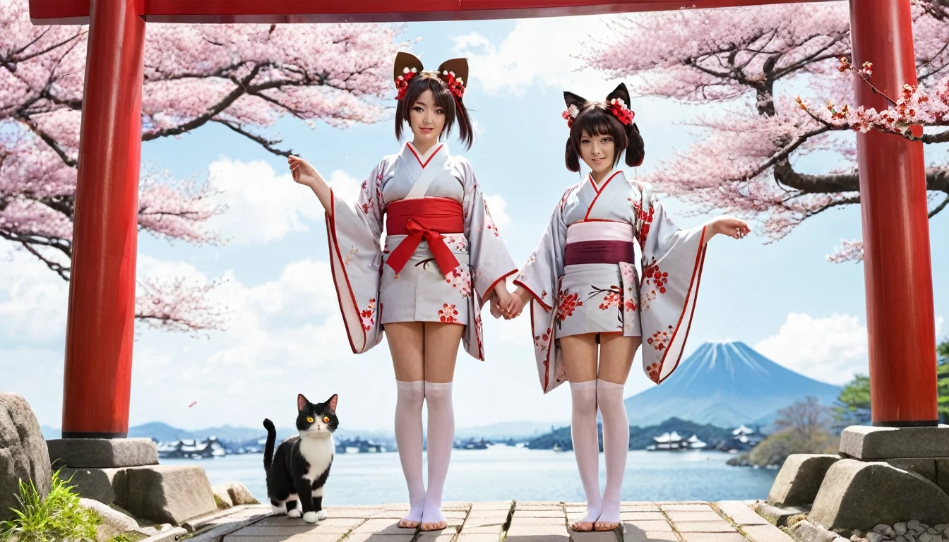 (Fox Girl, Fox Ears, Black colored hair, Fox Makeup, One Girl, Long Hair:1.6), (kimono, Kimono with open chest, A beautiful kimono with red and black patterns, I can see her cleavage, Open chest, Exposed skin:1.8), (Body measurements are 75-60-75!, Young girl body, Small breasts, Small breasts, Emphasize the chest, Knees are slightly visible, Standing posture, Muscular, Abdominal muscles, Hide your own chest with your hands:1.9), Avatar, face, lewd face, Dominant representation, naughty face, Uplifting, Skin Texture, outside, Grassy field, Angle looking up from below