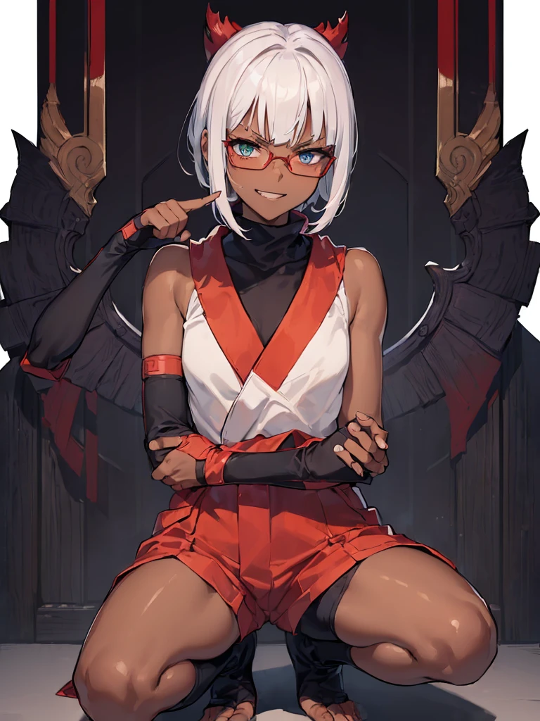 1girl, red eyes short hair, white hair, hair over eye, skinny body, tight abs, medium breasts, big ass