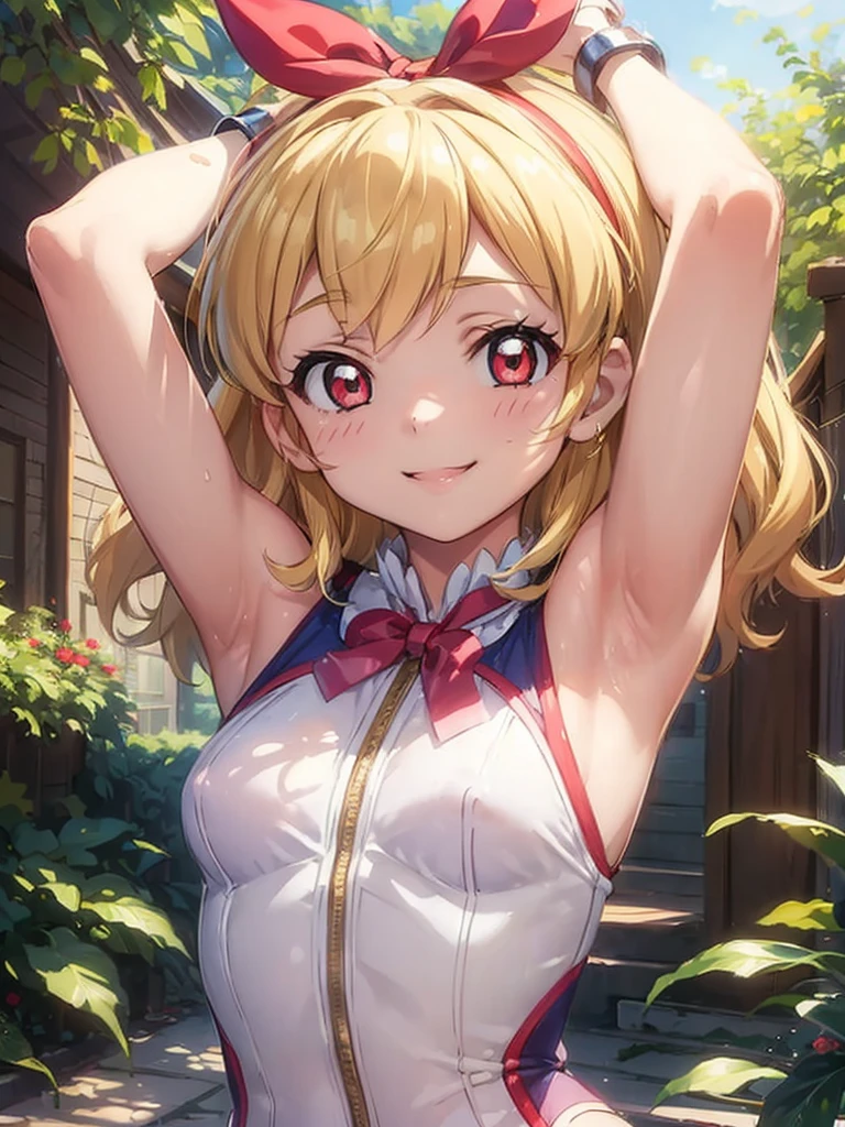 menma, (best quality, masterpiece, RAW photo,ultra-detailed:1.2), 1girl,solo,looking at viewer,smile,
white sleeveless one-piece swimsuits, show armpit, blue ribbon, nature, bust shot,lol_i,Ichigo Hoshimiya (Aikatsu!),nsfw,1girl,arms up,hands up,handcuffs