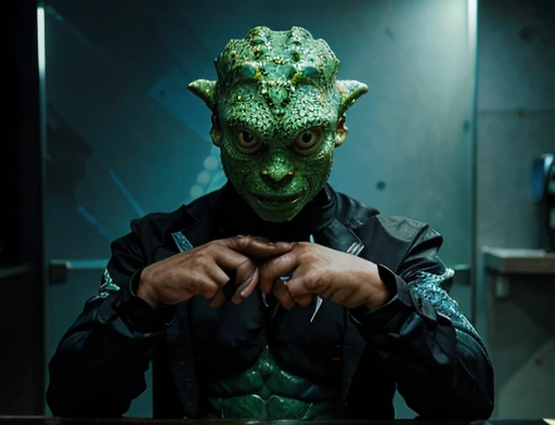 The humanoid being is a hybrid of a lizard and a fish. This being communicates through gestures..