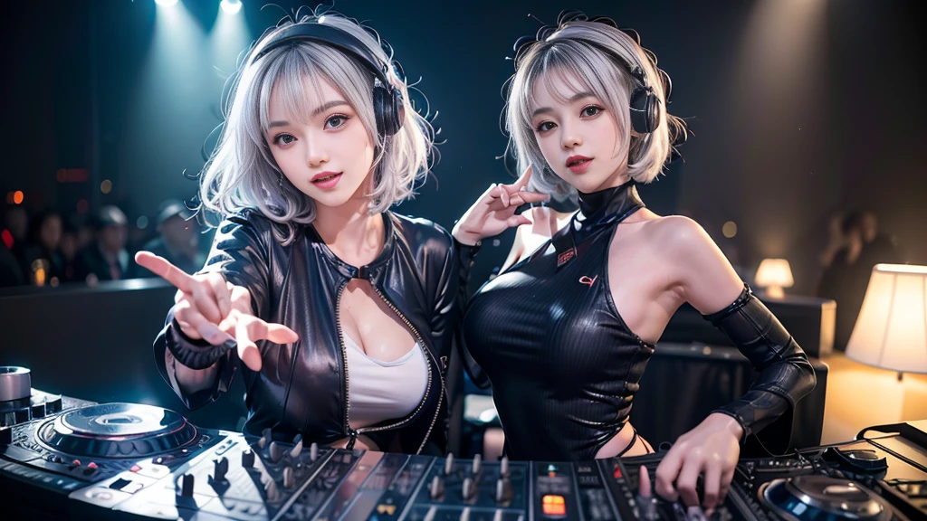 (ultra - detailed, 16K resolution, Cinema lenses, rendering by octane), (high resolution:1.18), intricate detail, (masterpiece:1.1), (highest quality:1.1), (1girl, portrait, white hair, blue eyes, short hair, detailed eyes),Wearing silver DJ headphones, Shiny silver sequined T-shirt, (Iconic hip-hop pop costumes:1.3), Smile while DJing on stage, full body shot of, The spotlight shines on the female DJ. Photorealistic photography by Disco Lighting, (cute round face:1.3), perfect fingers, five fingers, beautiful hands, perfect hands. master peace, cute smile.