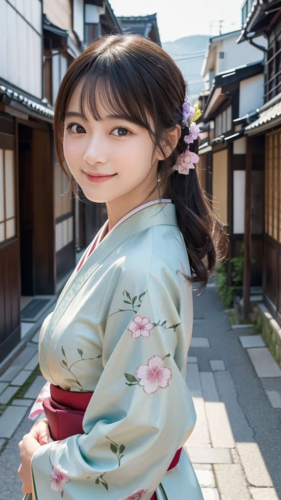 Professional Lighting,(Realistic:1.4), (Top image quality:1.0), (超High resolution:1.0), 8k, Raw photography, (masterpiece:0.2), (Dealing with the Children_v1:0.5)、(最高quality Detail:1.2)、Realistic、8K Ultra HD、High resolution、(1 Girl:1.2)、超detailedな、High quality textures、複雑なdetailed、detailed、Very detailed CG、High quality shadows、detailed 美しく繊細な顔、Beautiful details and a delicate eye、(Symmetrical eyes:1.2),Written boundary depth、Ray Tracing,1 Girl, Japanese Girls, (Natural smile:1.4),cute, thin, Portrait of a beautiful Japanese woman in a kimono, Standing elegantly on a street corner in Kyoto. Kimono with vibrant traditional patterns, Hair decorated with elegant and delicate hairpins, Gentle expression. (With the old streets of Kyoto in the background:1.4)、The soft light of a spring afternoon、Adding tranquility to the scene. Rendered in a Realistic style with great attention to detail, High resolutionの画像.Sky Porn, Magic Hour, (Realistic:1.3), finely, quality, (Tabletop:1.2), (Realistic:1.2), (最高quality), (複雑なdetailed), dramatic, Ray Tracing, photograph, +roller