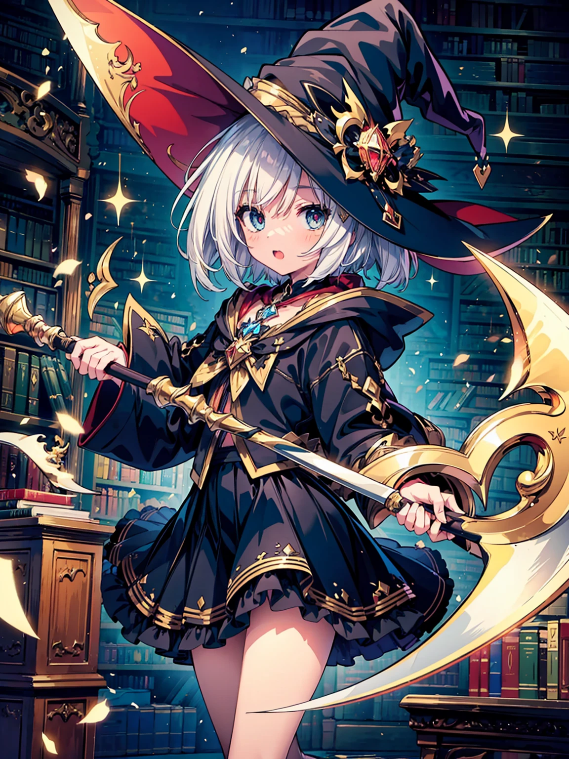1girl、Dynamic composition、(masterpiece), Highest quality, Very detailed, A Magus girl with white hair holdding a magical Scythe, Witch Hat, Frilled short skirt, Red and black outfit, Scythe, Magic Light, The background is the library ,Library ai、Dynamic pose、