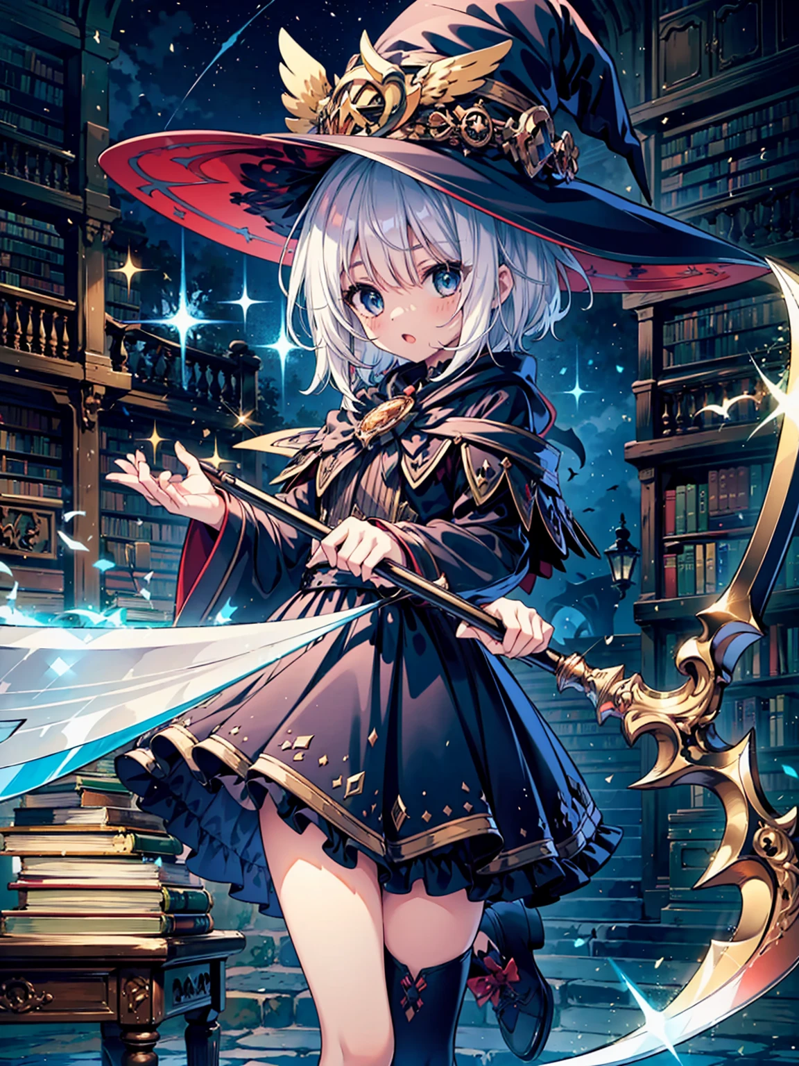 1girl、Dynamic composition、(masterpiece), Highest quality, Very detailed, A Magus girl with white hair holdding a magical Scythe, Witch Hat, Frilled short skirt, Red and black outfit, Scythe, Magic Light, The background is the library ,Library ai、Dynamic pose、