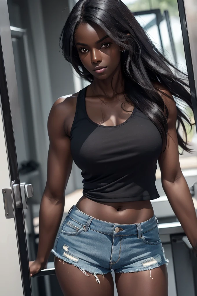 ((Extremely beautiful face)), ((very dark skin)), upper body, ((face focus)), tanktop, short shorts, full body, long messy hair