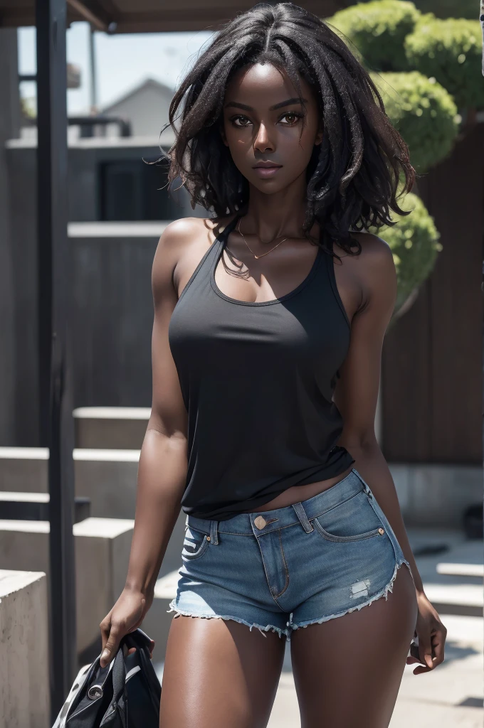 ((Extremely beautiful face)), ((very dark skin)), upper body, ((face focus)), tanktop, short shorts, full body, long messy hair