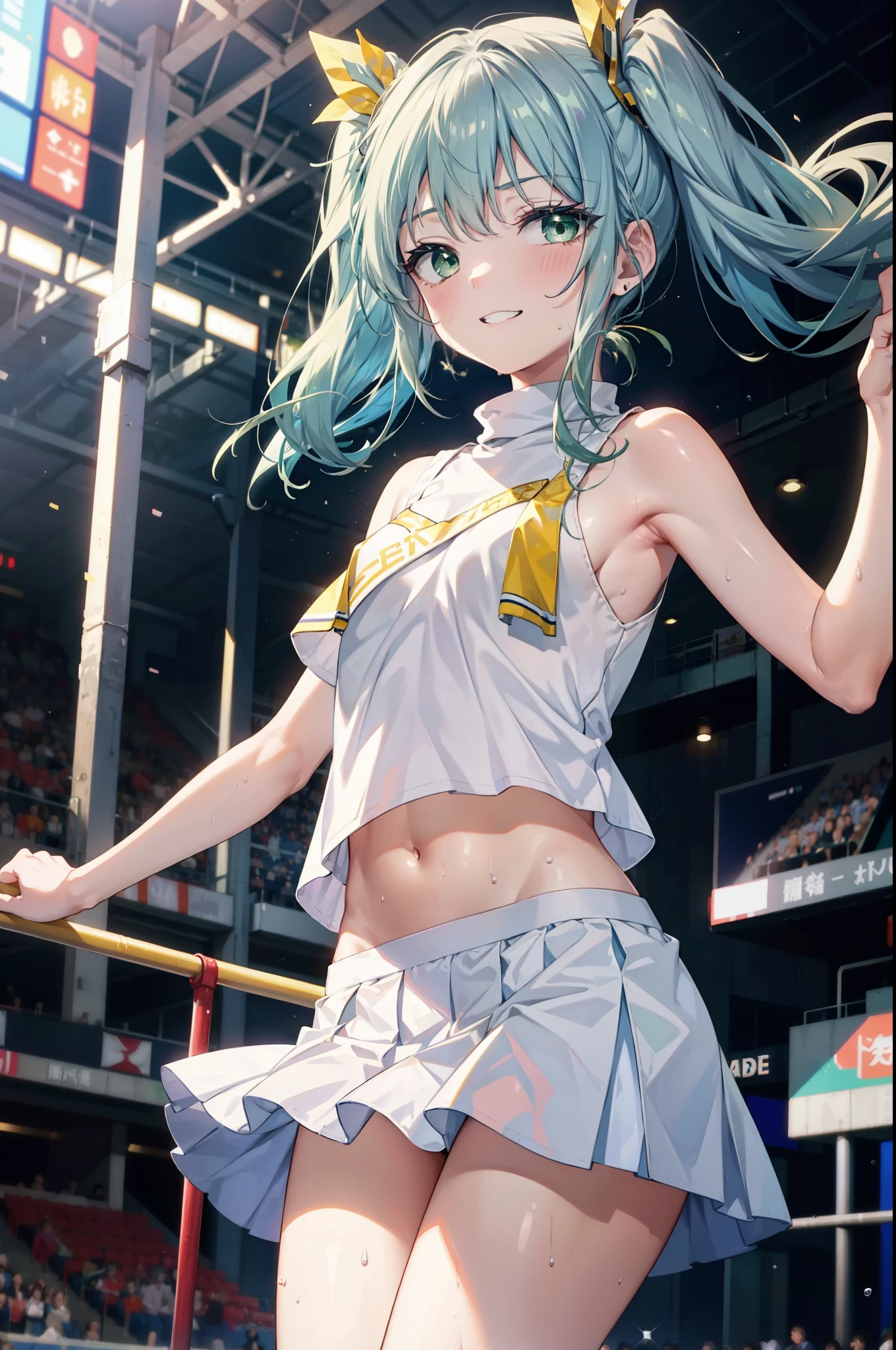 index, index,Silver Hair, (Green Eyes:1.5),Long Hair, (Flat Chest:1.2),Grin,tooth,
,(cheer leading), (whole body), Lower, (Sweaty), Sweaty Wet Clothes, (White clothes), Pleated skirt,Black socks,sneakers, Belly button support, playground, (Jump), (Jump), 足を曲げてJumpする, air, blue sky, Grass原, smile,Cheerleader, Pom-pom \(cheer leading\), Grass, smile, whole bodyがイラストに入るように,
break looking at viewer, whole body,(Cowboy Shot:1. 5) ,
break indoors, Stadium,crowd, people々々,
break (masterpiece:1.2), Highest quality, High resolution, unity 8k wallpaper, (shape:0.8), (Fine and beautiful eyes:1.6), Highly detailed face, Perfect lighting, Highly detailed CG, (Perfect hands, Perfect Anatomy),