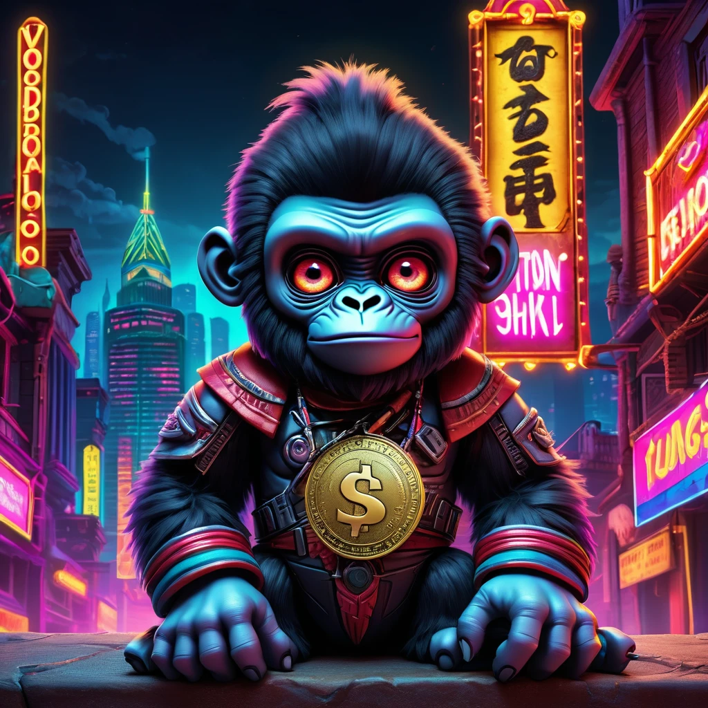 (Knitted toy gorilla doll:1.8), (Voodoo Needle:2.0), (Eyes Shining:1.8), (TON Coin Banner:1.9), (A neon-colored city in the background:1.5), Gothic horror atmosphere, Highest quality, masterpiece, Soft oil painting with attention to detail, Detailed Background, dramatic cinematographic lighting, soft edge lighting, Professional, Dramatic lighting, hard edge lighting, super high quality, 4K, masterpiece, Highest quality, 8k, ultra High resolution, High resolution, Very detailed