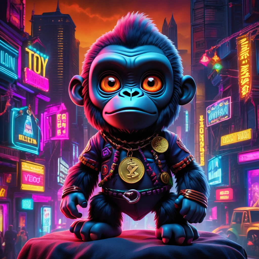 (Knitted toy gorilla doll:1.8), (Voodoo Needle:2.0), (Eyes Shining:1.8), (TON Coin Banner:1.9), (A neon-colored city in the background:1.5), Gothic horror atmosphere, Highest quality, masterpiece, Soft oil painting with attention to detail, Detailed Background, dramatic cinematographic lighting, soft edge lighting, Professional, Dramatic lighting, hard edge lighting, super high quality, 4K, masterpiece, Highest quality, 8k, ultra High resolution, High resolution, Very detailed