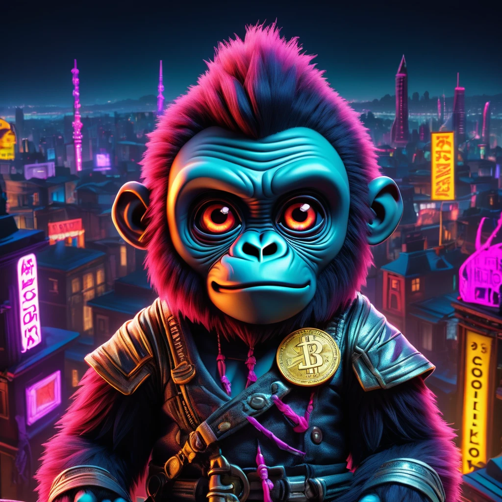 (Knitted toy gorilla doll:1.8), (Voodoo Needle:2.0), (Eyes Shining:1.8), (TON Coin Banner:1.9), (A neon-colored city in the background:1.5), Gothic horror atmosphere, Highest quality, masterpiece, Soft oil painting with attention to detail, Detailed Background, dramatic cinematographic lighting, soft edge lighting, Professional, Dramatic lighting, hard edge lighting, super high quality, 4K, masterpiece, Highest quality, 8k, ultra High resolution, High resolution, Very detailed