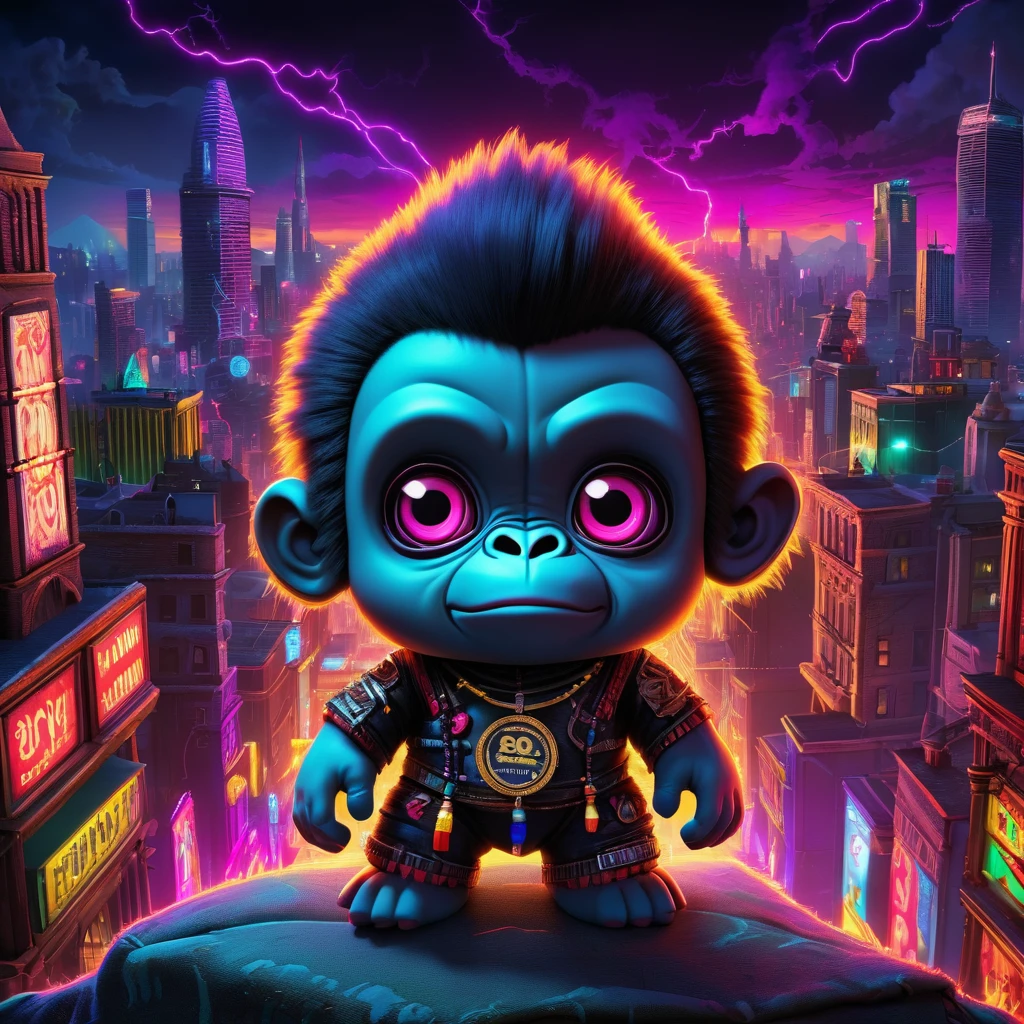 (Knitted toy gorilla doll:1.8), (Voodoo Needle:2.0), (Eyes Shining:1.8), (TON Coin Banner:1.9), (A neon-colored city in the background:1.5), Gothic horror atmosphere, Highest quality, masterpiece, Soft oil painting with attention to detail, Detailed Background, dramatic cinematographic lighting, soft edge lighting, Professional, Dramatic lighting, hard edge lighting, super high quality, 4K, masterpiece, Highest quality, 8k, ultra High resolution, High resolution, Very detailed