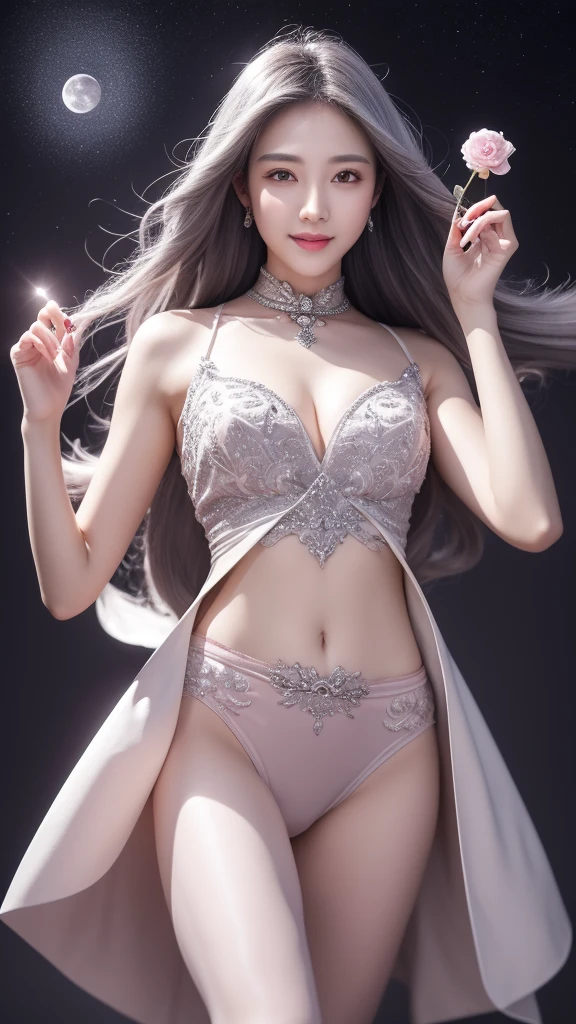 Masterpiece best night full moon 1 female sister rain sister smile expression silver white long hair woman light pink lips calm intellectual three rings gray eyes assassin short knife, Flowers, Card Details, Finger details,Dance for subject 3，panoramic，whole body，