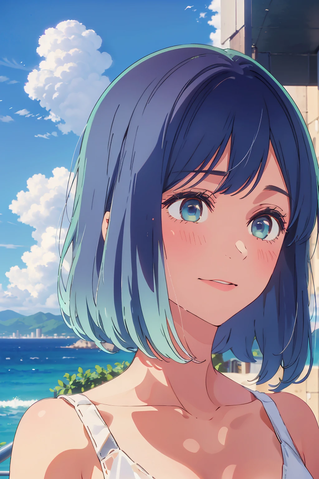 Highest quality,8k,detailed,F cup bust、Big Breasts、Slim and beautiful arms、Slim body、Very white beautiful skin、((((1 person、smile、Swimwear、smile、sit、Chair、In the background are the urban buildings of Tokyo、Outdoor café terrace、coastal、Navy hair color、juice、table、Cheek resting on hand、She is wearing a white side-string high-leg bikini、Looking up、Shooting up close、Very cute face))))、Very beautiful face、Sexy pose、Very blue sky、A completely cloudless sky、She tilted her head slightly、The atmosphere is bright and lively、The woman is at the center of the image。
