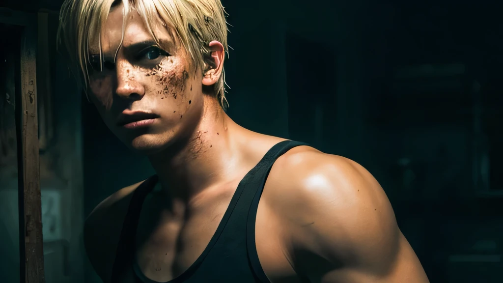 tobacco、A scene from a splatter horror movie、Black tank top、American male with short blonde hair、Handsome、young、muscle、Downcast、Kuma、Dark atmosphere、Short two-block blonde hair、Texas Chainsaw-style、Freckles、Looks like Wiggly Mortensen、high quality、high resolution