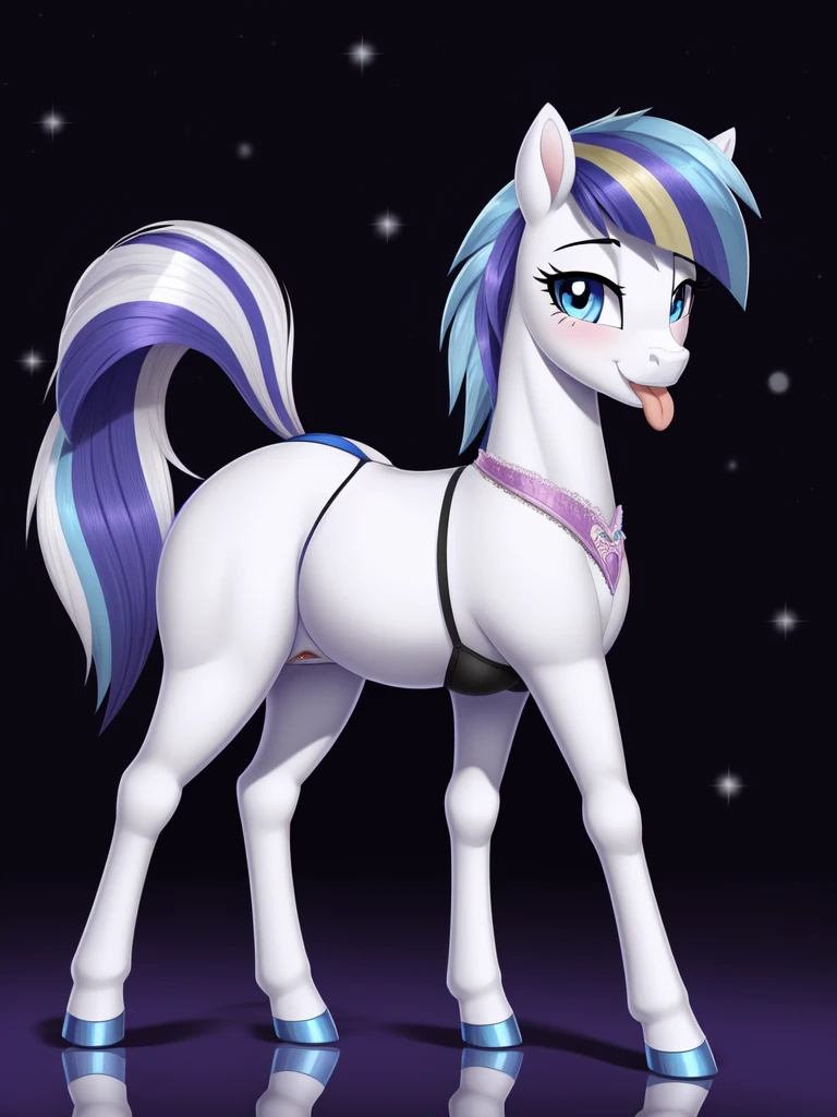 ((Shining armor)), pony, feral, my little pony, smile, beautiful eyes, standing on four hooves, beautiful, thong, big butt, (girly pose), micro skirt, tongue out, pussy, cameltoe, spread pussy, (breasts, bra)