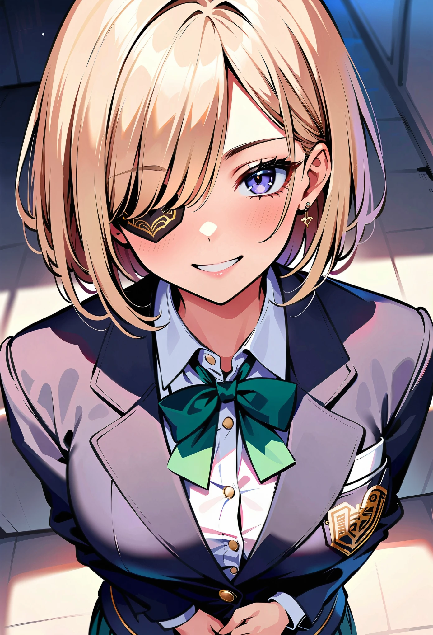 Eye patch, Beautifully decorated, Delicate, Gold, 黒革のEye patch, Group button, Eye patch少女, JK, blazer, Fearless smile, High resolution, masterpiece:1.2, High Detail, high quality.