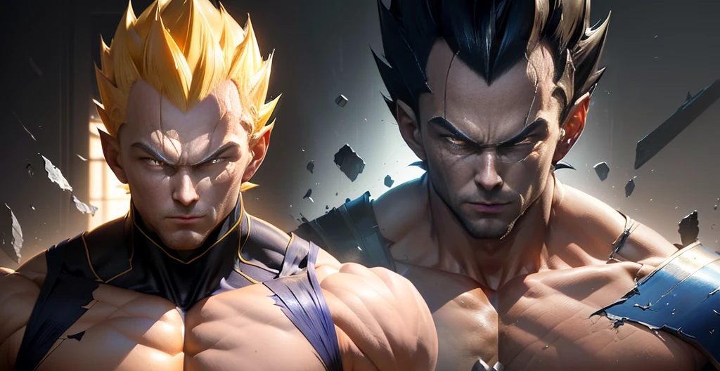 Majin Vegeta he has a view ,  Portrait ,There is an M on the forehead，On behalf of Majin,Digital art,The light around him, There is a landscape behind him,Digital art,Anatomically correct, (((8K resolution))) ,Dragon Ball Z's style injection at Majin Vegeta's base, 1 character