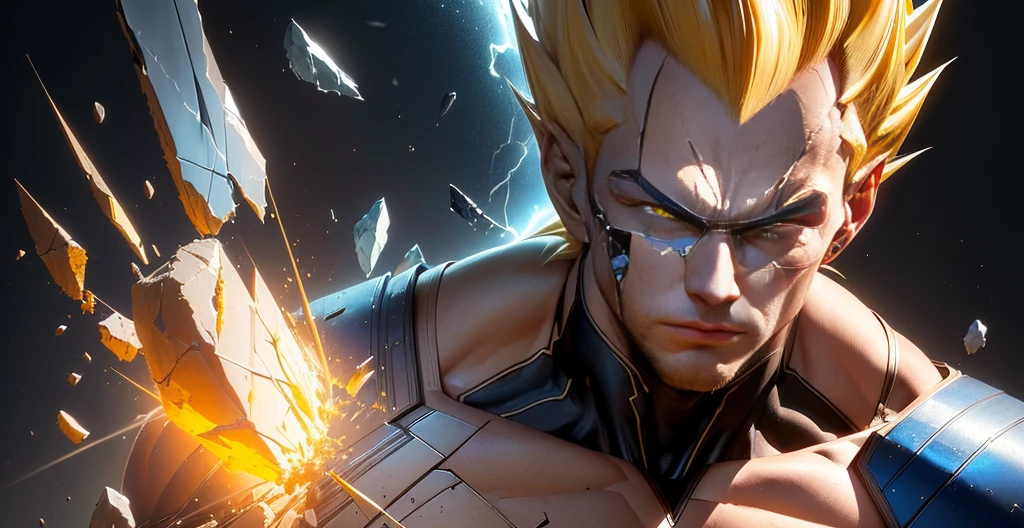 8K portrait of a muscular Vegeta, Yellow Hair, blue eyes, complicated, elegant, Very detailed, whole body, Majestic, Digital photography, Artgerm、Ruan Jia、Art by Greg Rutkowski, Black Hair, Beardless face, Broken glass (masterpiece, Side lighting, Beautifully detailed eyes: 1.2 ), High resolution,