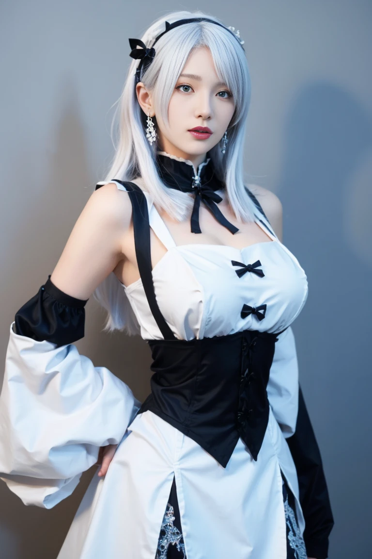best quality, tmasterpiece,Ultra-high resolution,Clear face,(Reality:1.4),ferpect lighting,(upper body shot:1.5), (photorealistic:1.50), anime wallpaper, Guviz style artwork, cover-up fantasy up to magic , by Yang J, Guviz, beautiful artwork illustration, beautiful digital artwork, beautiful digital illustration, Li Song, beautiful anime portrait, art style in Beauvot, 1 girl, solo, pale skin, perfect body, shiny skin, killer, shenhe \(genshin impact\), (hair above one eye), long hair, tassels, gloves, (maid dress), tassel earrings, (close photo -up: 1.1), (super giant breasts), (arms behind back), white hair, (hair ornament), (hair ornament),maid outfit,