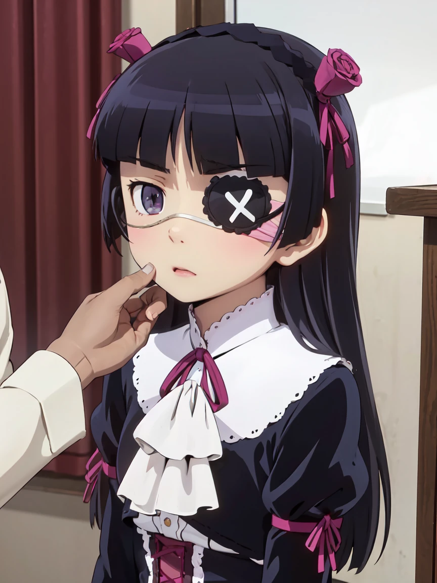 ((Eye patch)), One Girl, Hime cut, Gothic Lolita, Lolita Fashion, head band, (ruri gokou), レトロなデザインのEye patchをつけている, 