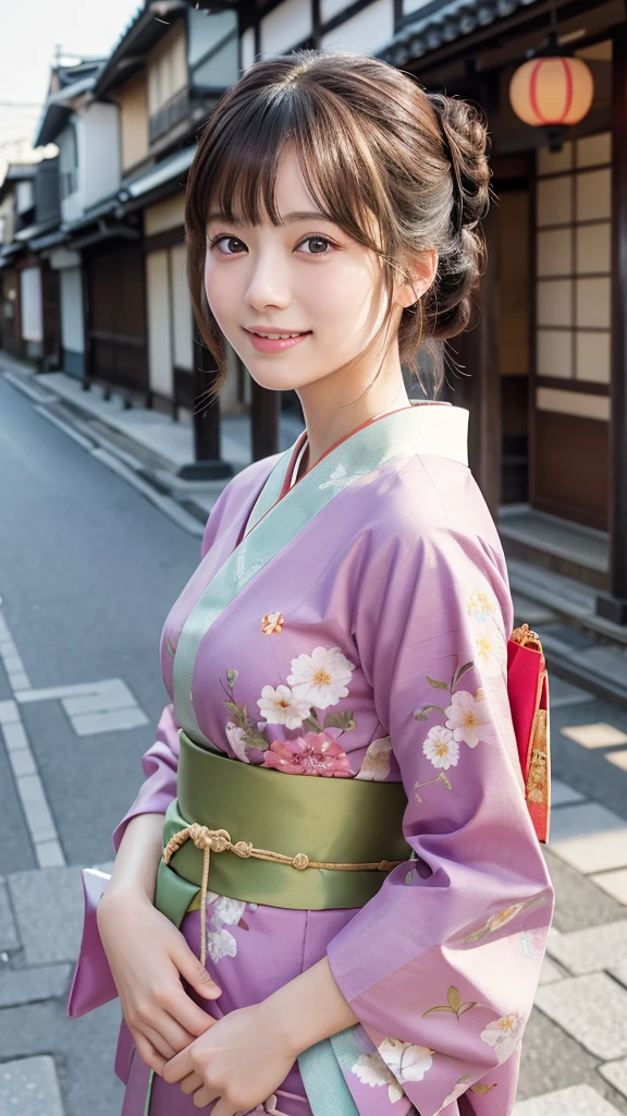 Professional Lighting,(Realistic:1.4), (Top image quality:1.0), (超High resolution:1.0), 8k, Raw photography, (masterpiece:0.2), (Dealing with the Children_v1:0.5)、(最高quality Detail:1.2)、Realistic、8K Ultra HD、High resolution、(1 Girl:1.2)、超detailedな、High quality textures、複雑なdetailed、detailed、Very detailed CG、High quality shadows、detailed 美しく繊細な顔、Beautiful details and a delicate eye、(Symmetrical eyes:1.2),Written boundary depth、Ray Tracing,1 Girl, Japanese Girls, (Natural smile:1.4),cute, thin, Portrait of a beautiful Japanese woman in a kimono, Standing elegantly on a street corner in Kyoto. Kimono with vibrant traditional patterns, Hair decorated with elegant and delicate hairpins, Gentle expression. (With the old streets of Kyoto in the background:1.4)、The soft light of a spring afternoon、Adding tranquility to the scene. Rendered in a Realistic style with great attention to detail, High resolutionの画像.Sky Porn, Magic Hour, (Realistic:1.3), finely, quality, (Tabletop:1.2), (Realistic:1.2), (最高quality), (複雑なdetailed), dramatic, Ray Tracing, photograph, +roller