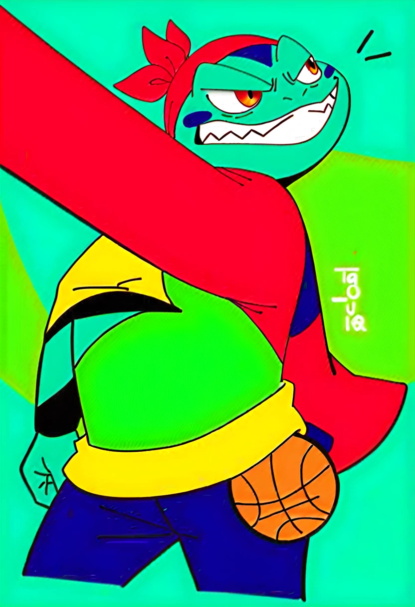 Animated logo of an angry frog team: "Enraged Frog Brigade"
This dynamic logo, Stylized, A determined frog sits on a lily leaf, The green body is tense.、Ready for action. Wearing a yellow basketball jersey, Team names are in bold, uppercase letter. A red bandana is covering his head, Add a rebellious vibe.
background, small, A ring of bubbling water flows down, 満月と星をbackgroundに突進する. The frog jumped off the lily pad、I'm heading towards this water bubble., Capturing a sense of movement and energy