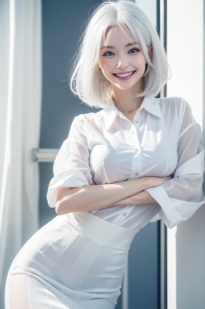 masterpiece, (office uniform:1.3), 20 years old girl, absurderes, hight resolution, ultra-detailliert, ((cute girl)), depth of fields, masterpiece, extremely detailed CG, 3D Photography, 3D background, Unity, 8K, Hi-Res, top-quality, shadowy, sharp focus, medium breast, (bob hair), (sheer shirt), (whitish colorful hair:1.3), pale-skinned, (white hair:1.2), A detailed eye, dynamic angle, (happy smile:1.5), Look at viewers, superclear, curvaceous girl, blue eyes,