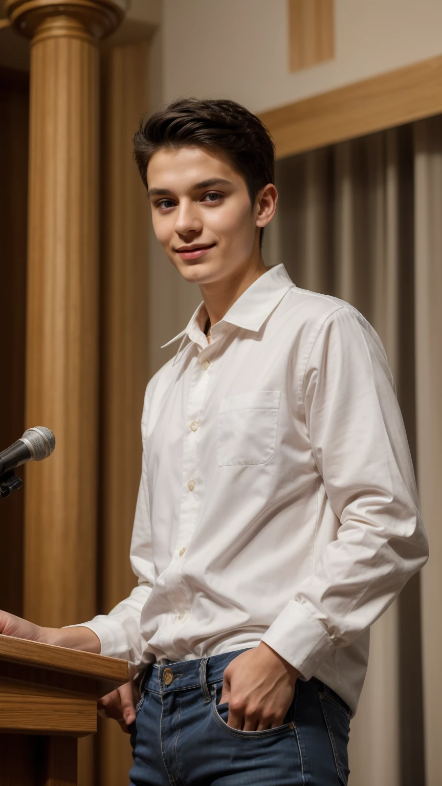 A cute, beautiful, black-haired male twink is wearing a luxurious, bright white long-sleeved shirt and jeans. He is in his medical school graduation speech, looking proud.