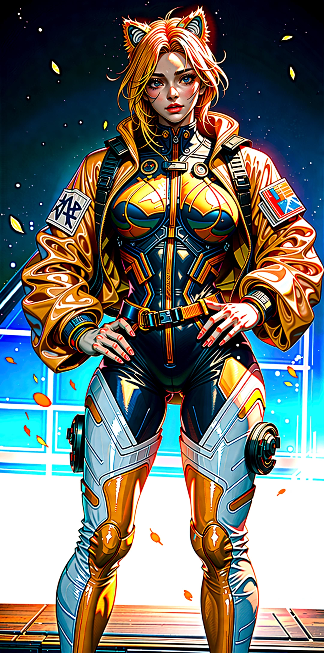 ((Masterpiece)), (Best Quality), (Cinematic),(highly accurate drawing in every detail)(extremely precise representation)full_body_portrait,cyberpunk retro future vibe,, a stunning white tiger space-girl dressed in cool spacy synthetic orange and neon-yellow thick fabric space-suit with several glowing markings and nozzles,hoes and mechanic parts and accessoires(helmet) holding futuristic gun
